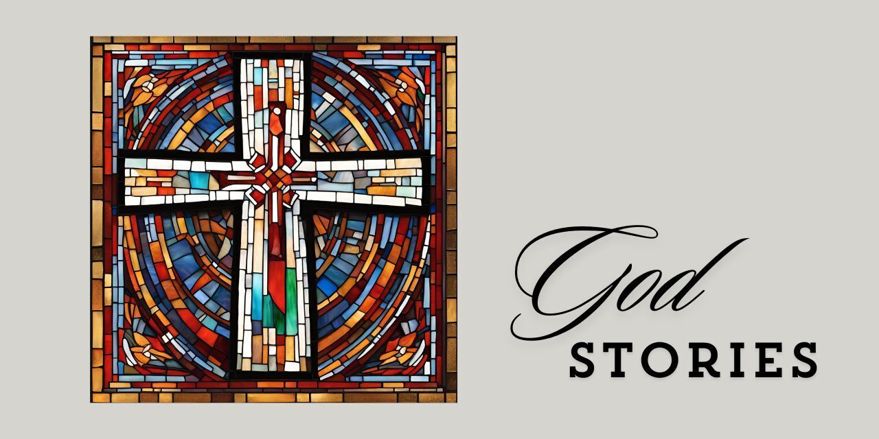 A multicoloured mosaic stained glass cross with the words God Stories
